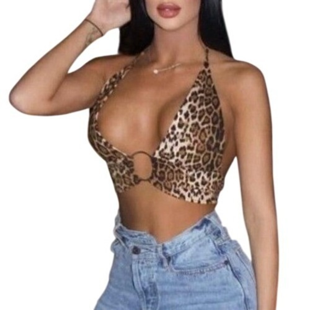Babyboo Halter Top Women XS Brown Leopard O-Ring Y2K Festival Mob Wife Aesthetic